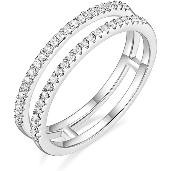 🆕 Women Silver Cubic Zirconia Half Eternity Stackable Engagement Double Ring - Picture 1 of 6